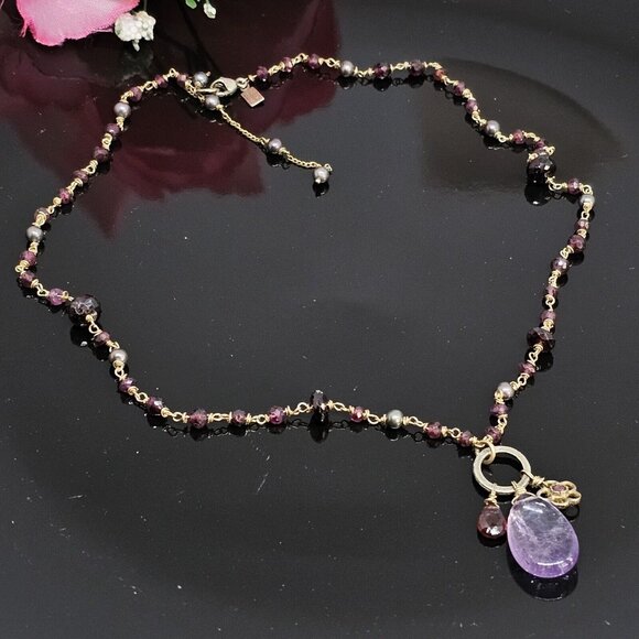 Alexis Bittar 925 Silver Vermeil Amethyst Garnet & Gray Pearl Stones Necklace - Picture 5 of 12